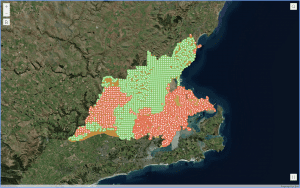 A map showing planned trap installs in green and those already in place  in red.